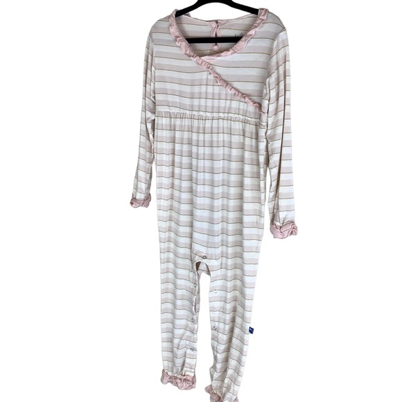 Kickee Pants Girls One Piece Bamboo Sleeper Pajamas Pink Striped Ruffle - Picture 2 of 10